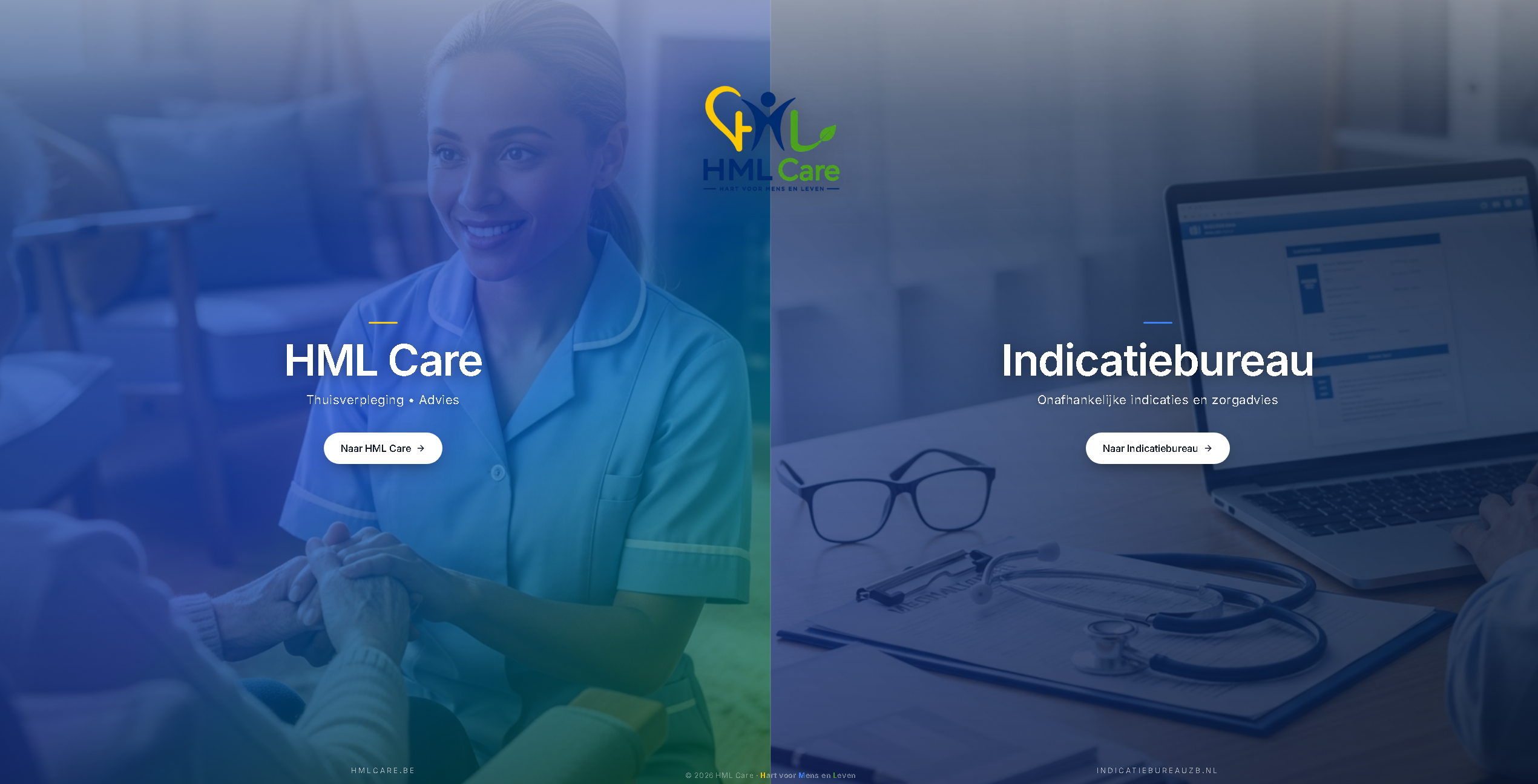 HML Care website met twee ingangen: thuisverpleging en advies, en het indicatiebureau voor onafhankelijk zorgadvies