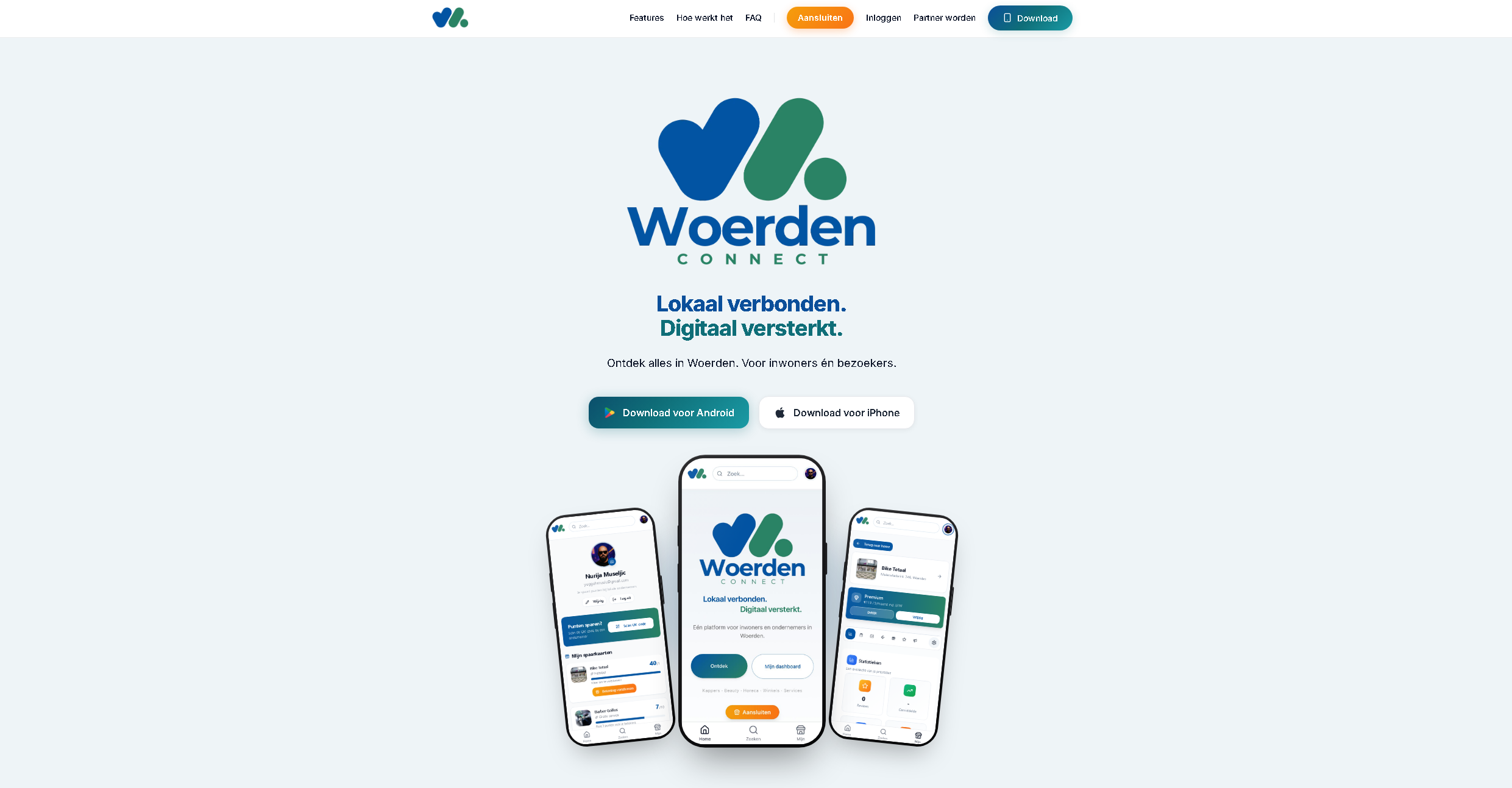 Woerden Connect website met het blauwgroene logo, downloadknoppen voor Android en iPhone en drie appvoorbeelden op telefoons